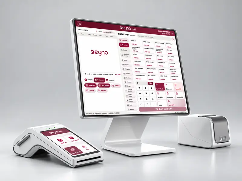 Deyno POS system connected to payment terminal, receipt printer and cash drawer