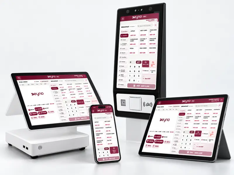 Deyno POS hardware family with till, self-service kiosk, tablet and mobile device