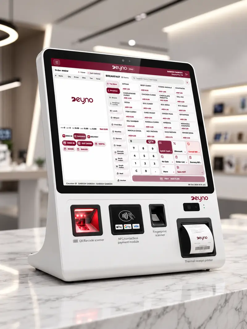 Deyno self-service kiosk with barcode scanner, contactless payment, fingerprint scanner and receipt printer
