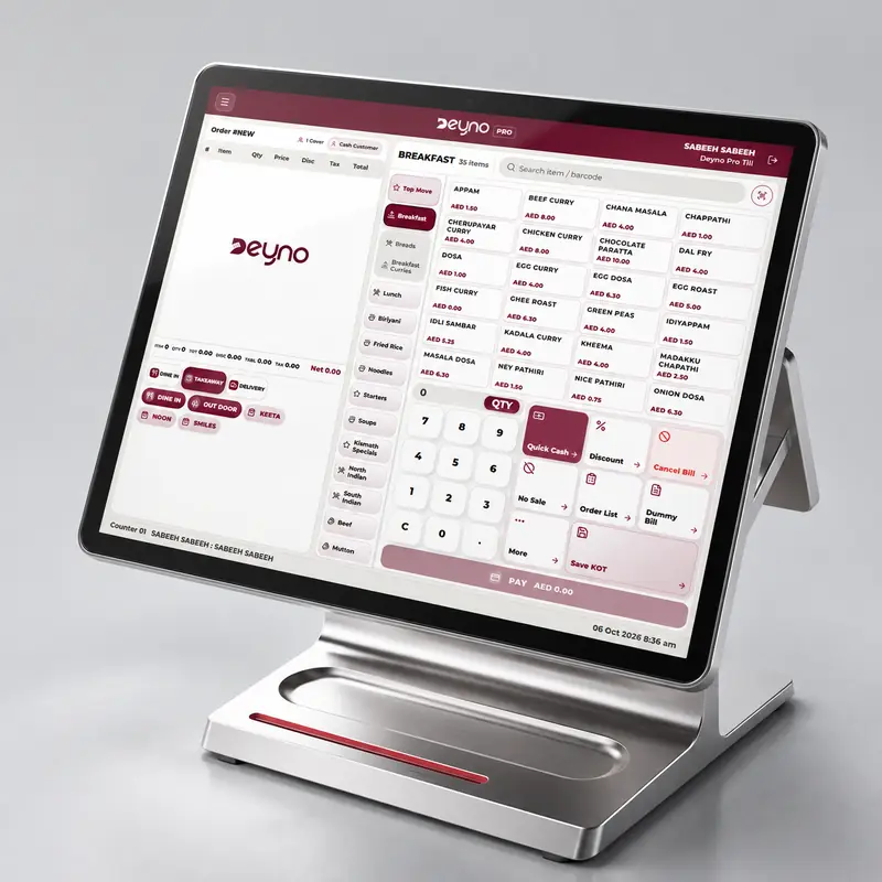 Deyno POS till mounted on a compact counter stand