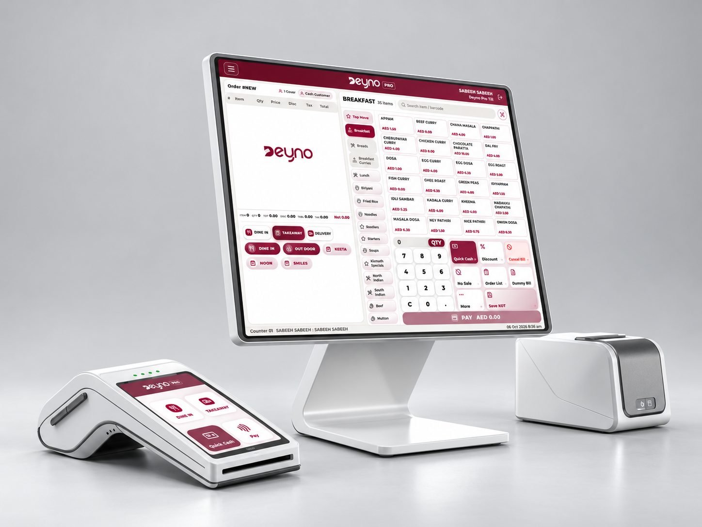 Deyno POS system connected to payment terminal, receipt printer and cash drawer