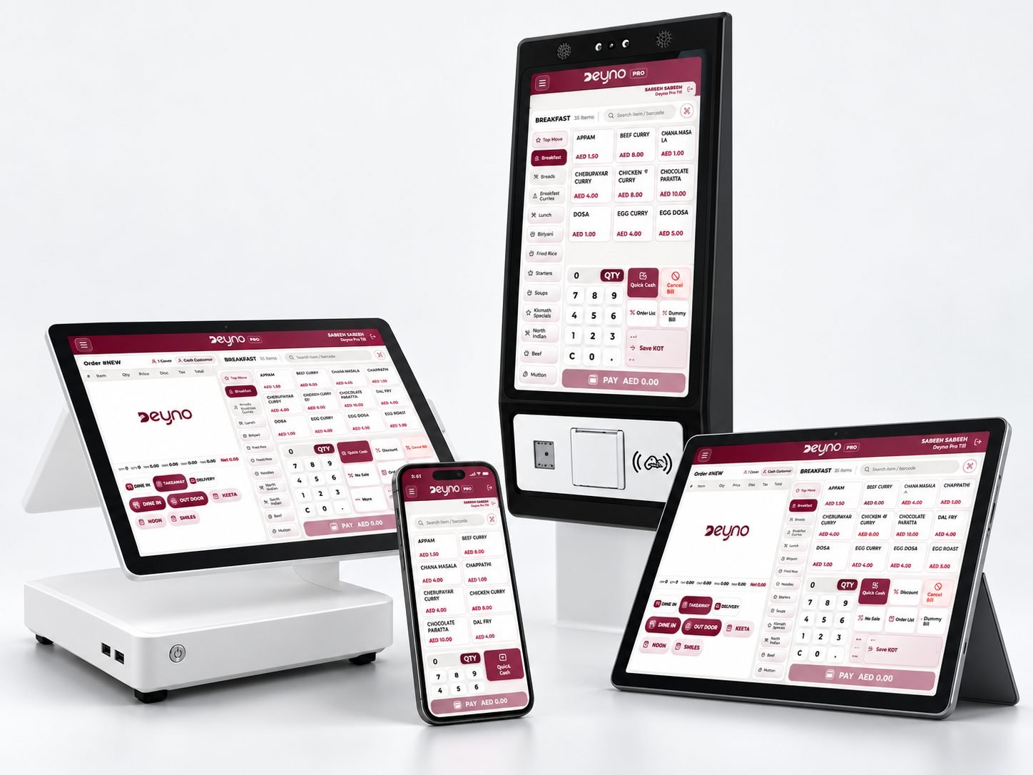 Deyno POS hardware family with till, self-service kiosk, tablet and mobile device