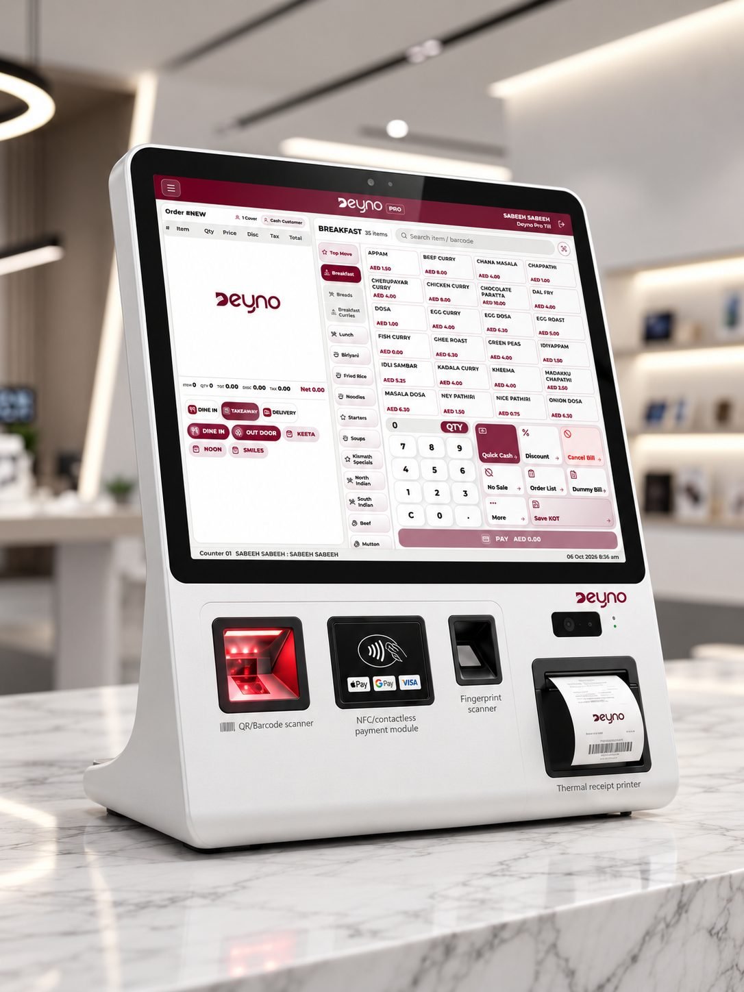 Deyno self-service kiosk with barcode scanner, contactless payment, fingerprint scanner and receipt printer