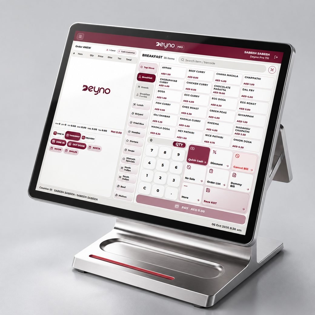 Deyno POS till mounted on a compact counter stand